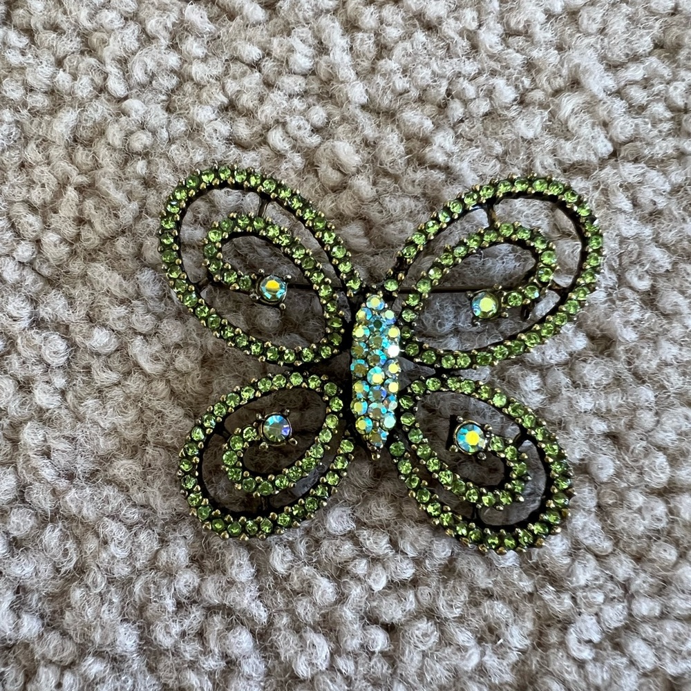 Vintage Green Rhinestone Butterfly Brooch